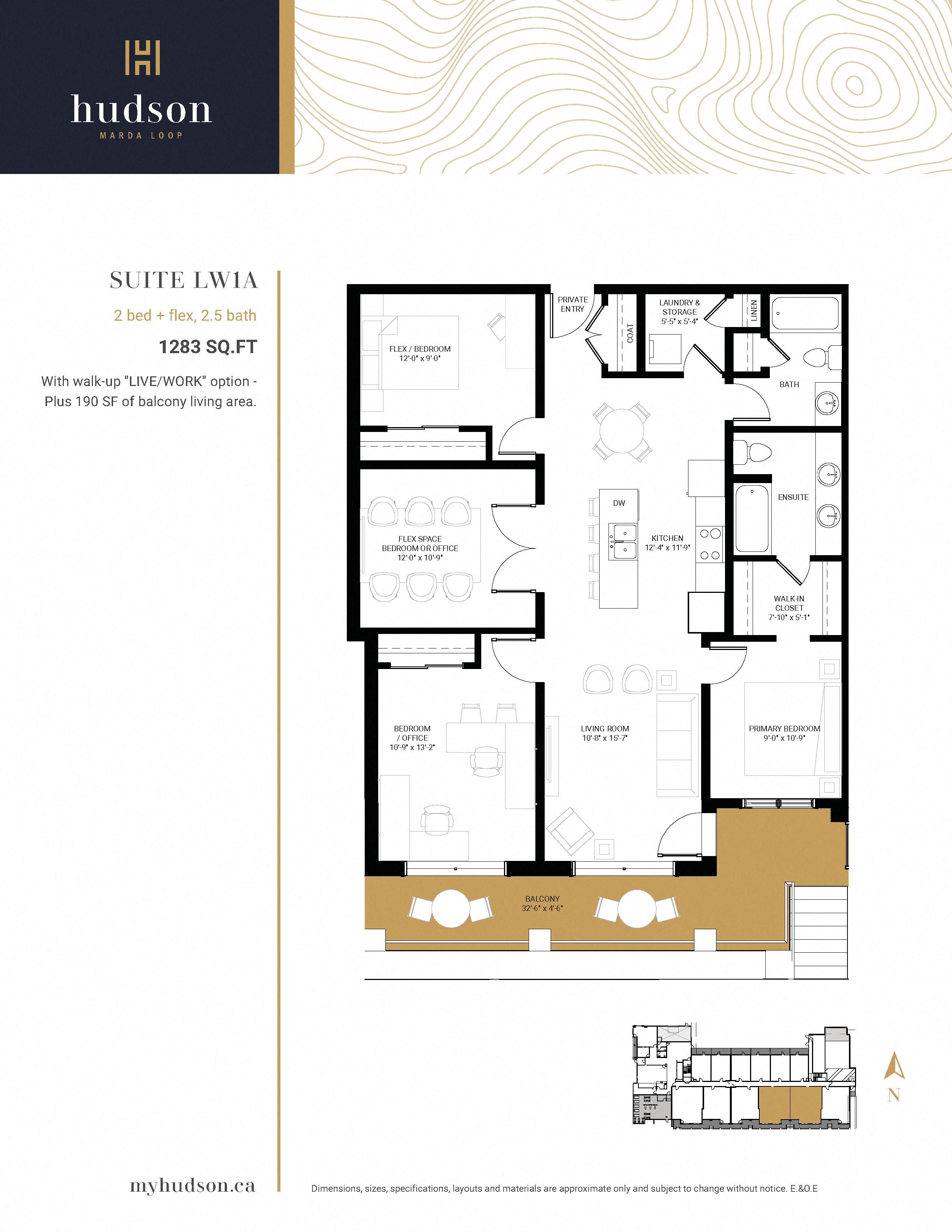 Floor plan for 2 beds, 2 baths, 1278 sqft